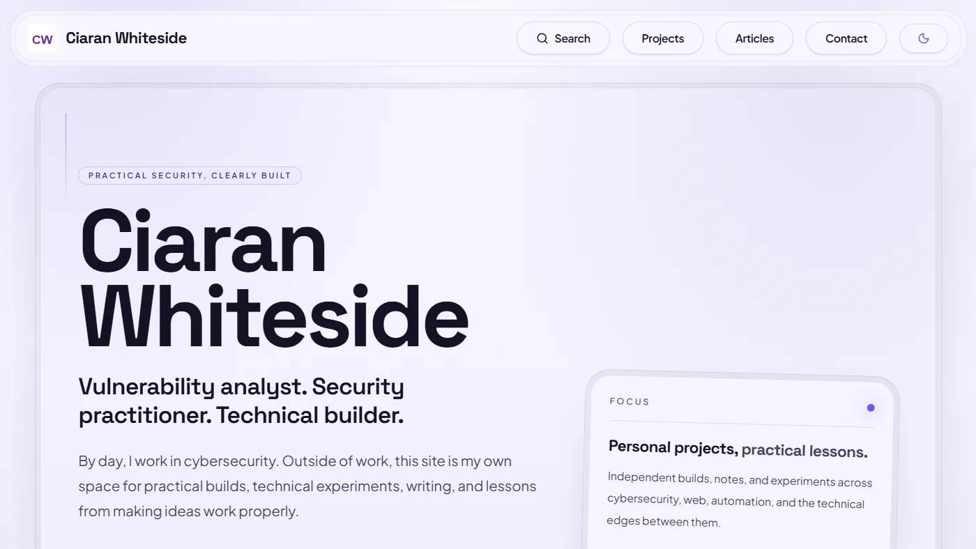 The ciaranwhiteside.com homepage: the portfolio hero with the oversized "Ciaran Whiteside" wordmark and a Focus summary card.